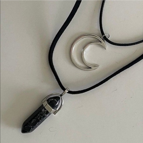 Dual Stranded Crescent Moon & Black Howlite Hexagonal Pendant Necklace - Picture 3 of 3